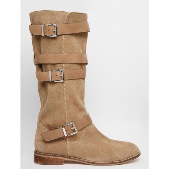 Asos Candid Tan Beige Suede Knee High Buckle Up Boot Size 7.5 Boho - Picture 1 of 8